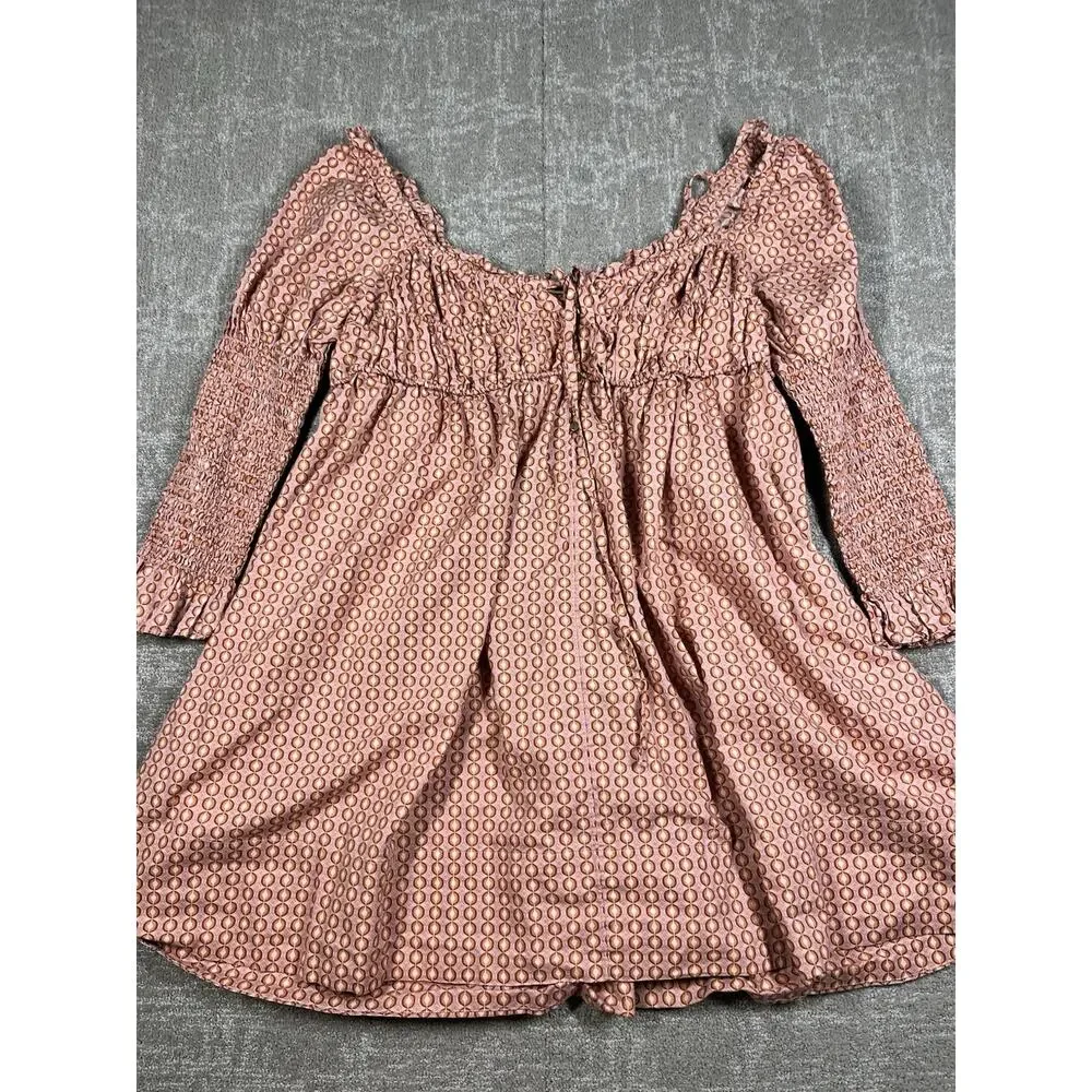 Free People Mini Dress Red Star Dip Smocked Allover Print Loose A Line Large